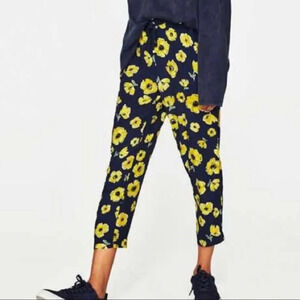 Zara Trafaluc Navy Blue & Yellow Floral Print High Rise Crop Pants Small Women’s